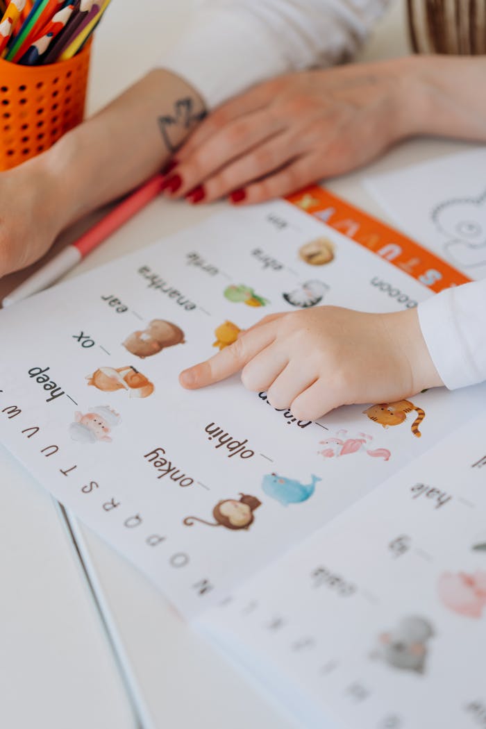 classes-04 A child points to animals in a colorful alphabet book, learning letters.