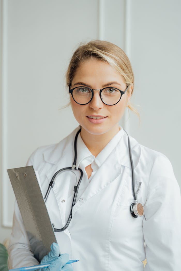 gallery-02 Smiling female healthcare professional in white coat holding clipboard indoors.